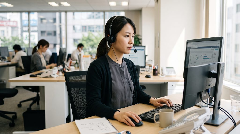 顧客からの問い合わせに対してオフィスでパソコンに向かい真摯に対応する日本人女性スタッフ
