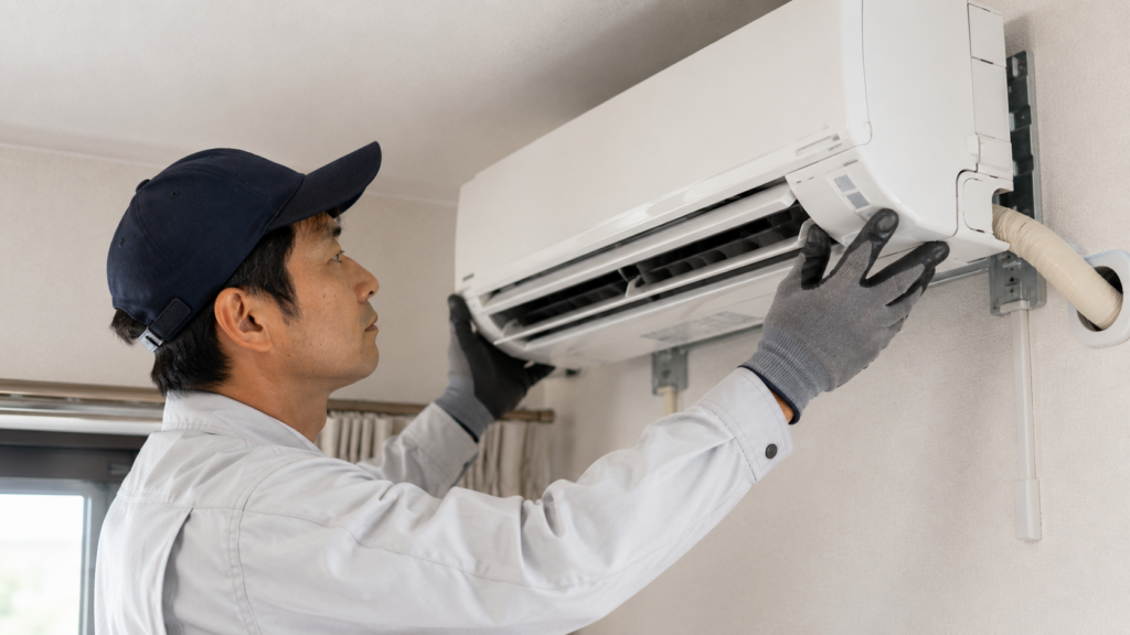 室内機を丁寧に壁に取り付ける、熟練した日本人エアコン取り付け業者の手元。専門性の高い工事。