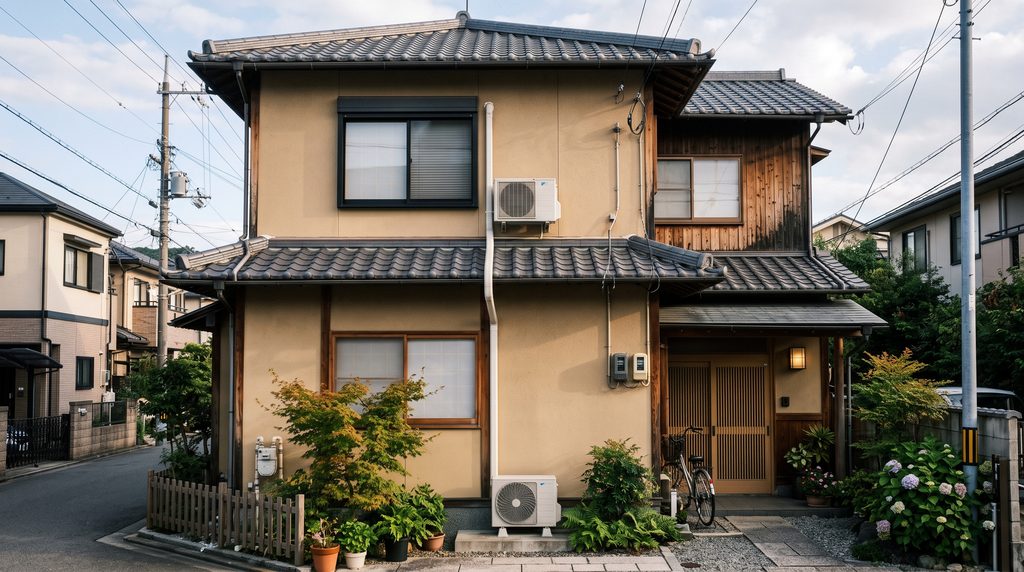 2階から1階へと配管が長く延びる2階建て住宅の外観