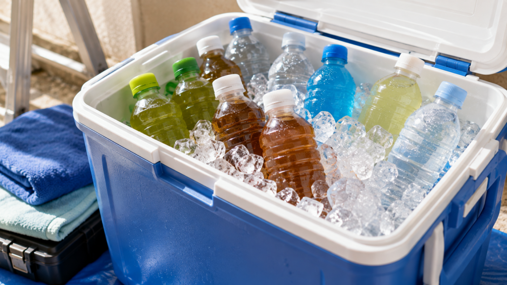 氷がたっぷり入ったクーラーボックスと冷たいペットボトル飲料