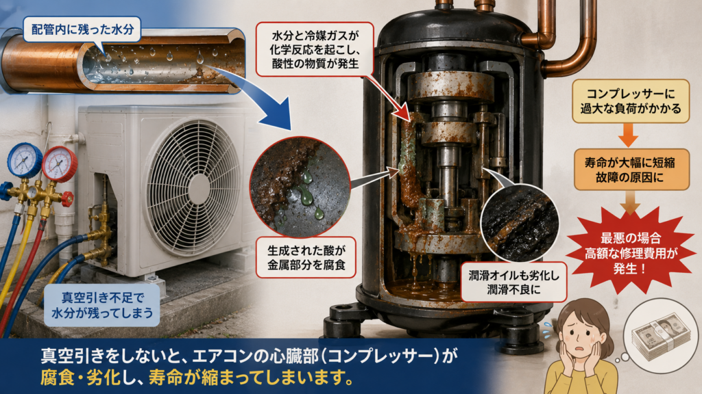真空引き不足で配管内に残った水分が原因となり、エアコンのコンプレッサーが劣化するイメージ