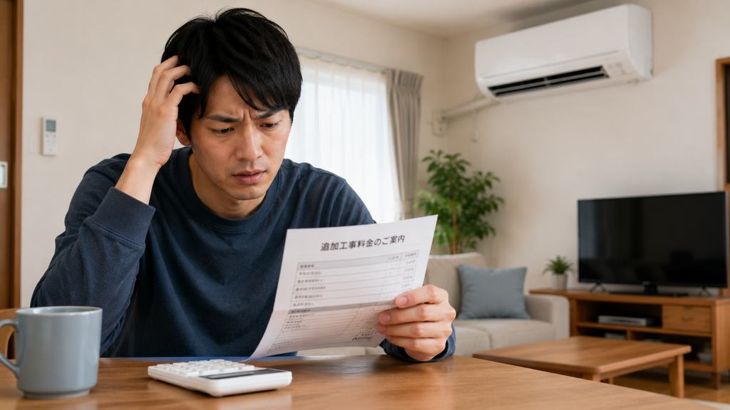 想定外の追加料金やトラブルに対してリビングで困惑し、不安そうな表情を浮かべる利用者の様子