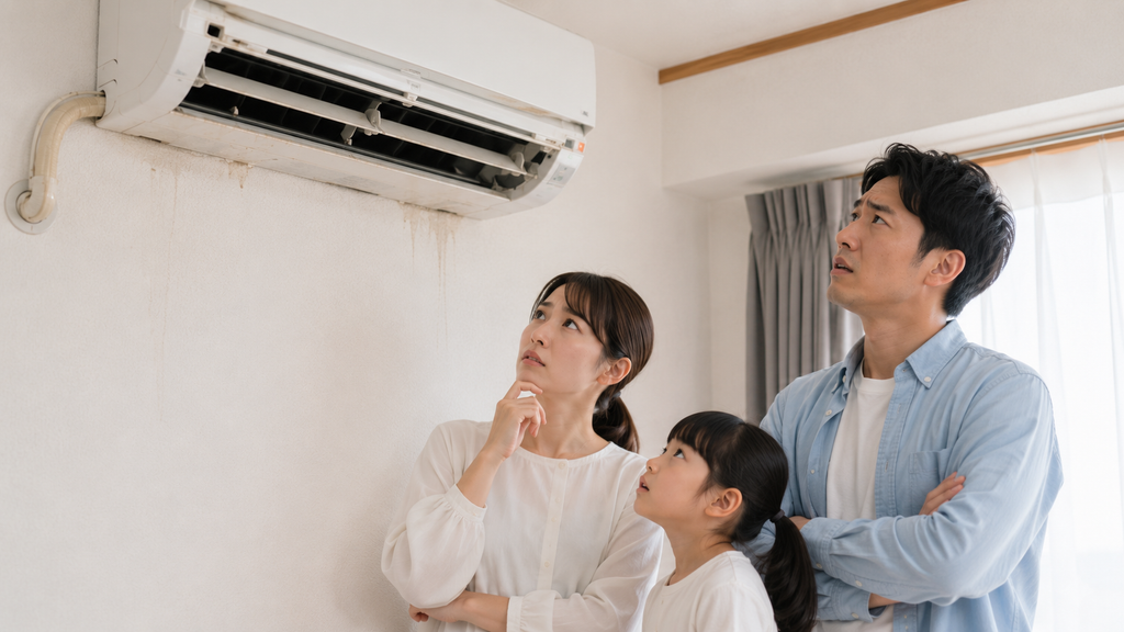 壁に取り付けられた故障したエアコンを見上げて困惑する日本人家族