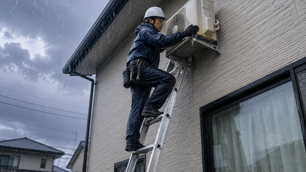 雨で濡れたはしごを使う高所の室外機設置で転落リスクに注意する日本人のエアコン作業員