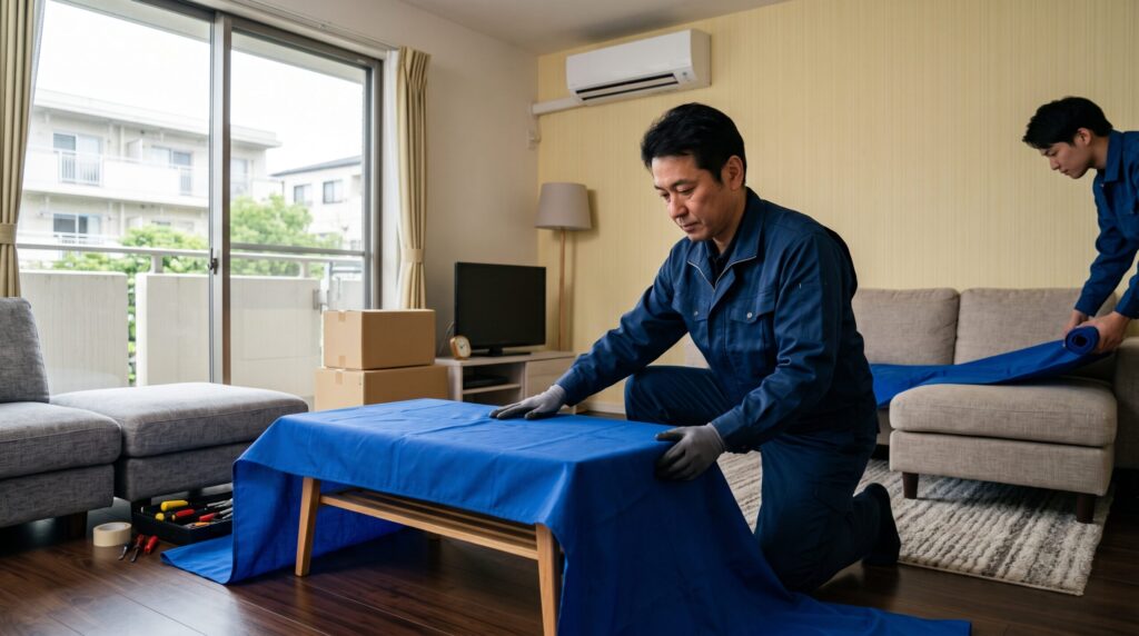 エアコン工事前に床や家具に丁寧に養生シートを敷く作業員