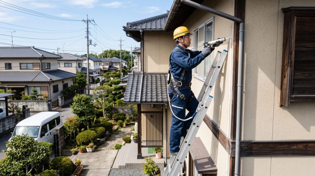2階や3階などの高所の外壁に対し、はしごをかけてエアコン設置作業を行う技術者