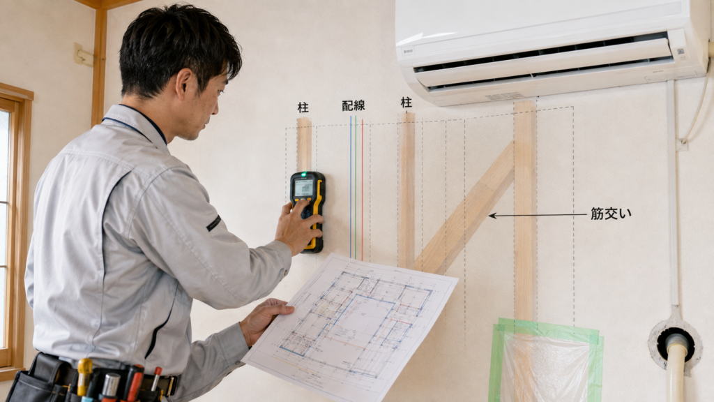 エアコン設置前に、下地探し機(壁スキャナー)と図面を使って壁内部の柱や配線を丁寧に見分ける、日本の工務店のプロ。