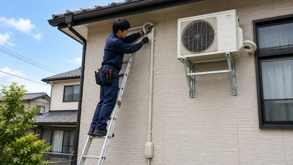 2階住宅の外壁ではしごを使いエアコン配管工事を行う日本人の専門業者
