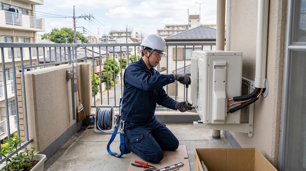 追加料金の対象となることがある室外機の設置作業をベランダで安全に行う日本人男性作業員