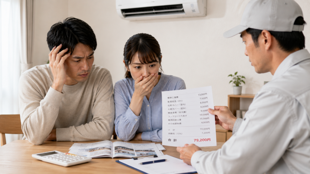 工事後に提示された見積もり（追加料金）を見て困惑し、落胆する日本人夫婦。格安工事のリスク。