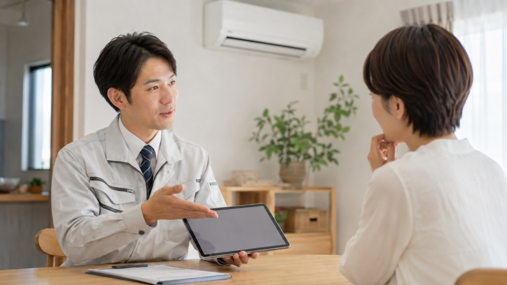 工務店のスタッフが、タブレットを使ってエアコン工事の追加料金や見積もりについて誠実に説明する様子。