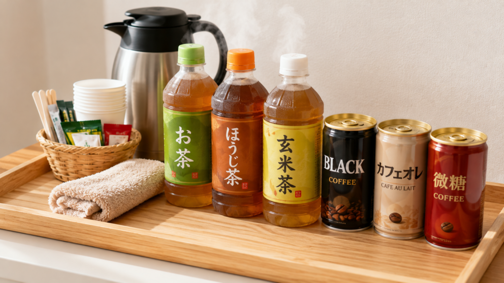 木製トレイの上に用意された温かいペットボトルのお茶や缶コーヒー