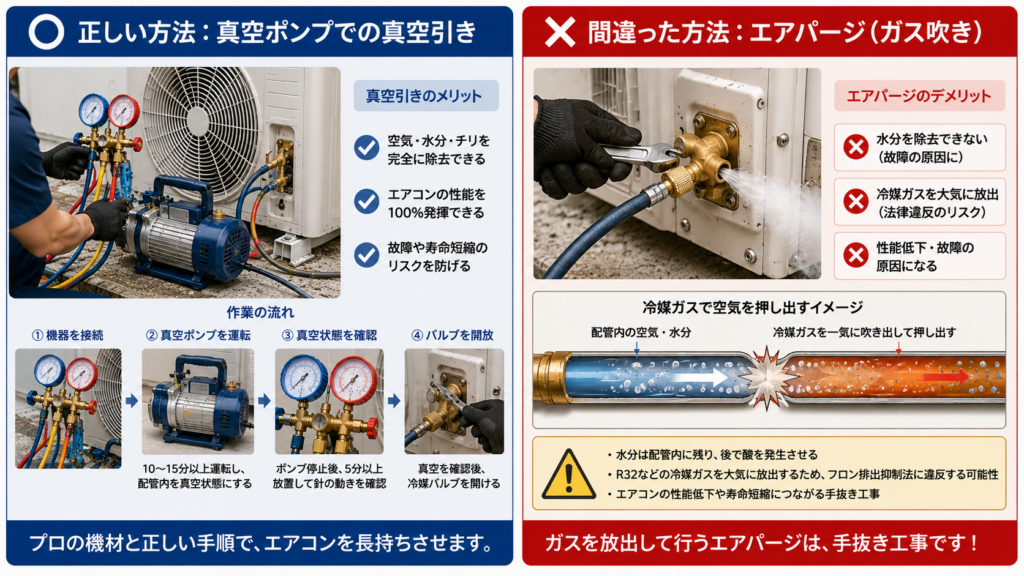 真空ポンプを使った正しい真空引きと、冷媒ガスで空気を押し出すエアパージの違い