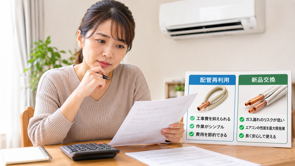 電卓と書類を見ながらエアコン工事の費用について検討している日本人女性
