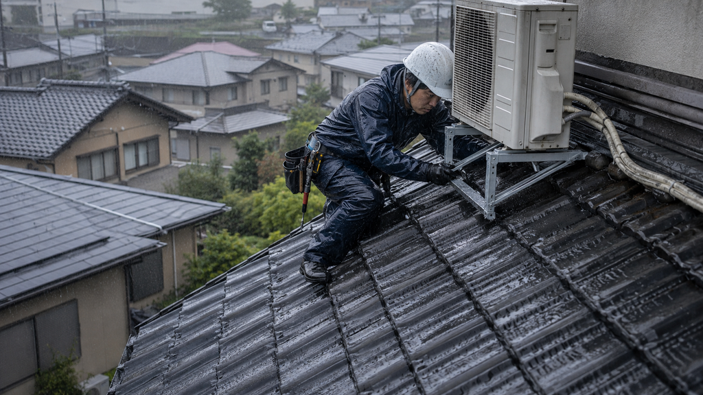 雨で滑りやすくなった住宅の屋根上で室外機を設置する危険な作業環境