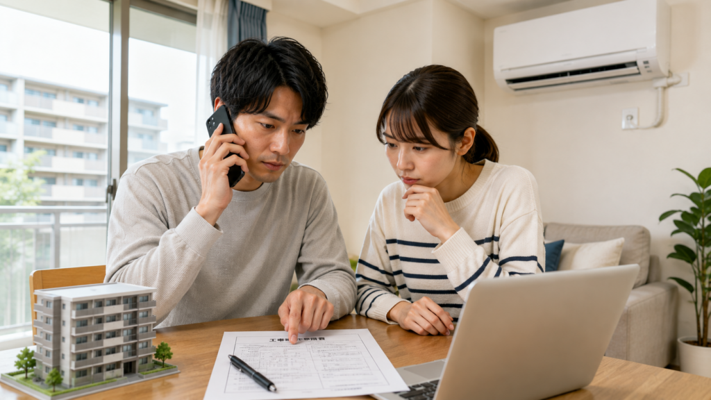 賃貸マンションでエアコン設置工事の前に、スマートフォンで管理会社に連絡し、壁の穴あけ許可を申請する日本の若いカップル。