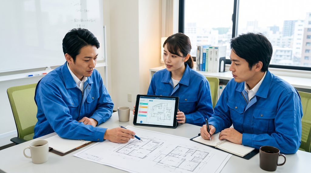 高品質な自社施工を提供するためオフィスで真剣にミーティングを行うライフテックスの日本人スタッフたち
