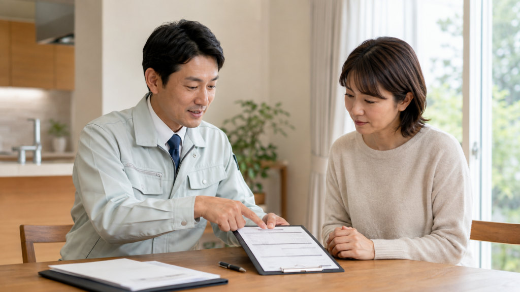 詳細な見積書を指し示しながら、日本人女性顧客に丁寧に説明する工務店のスタッフ。透明性の高い対応。