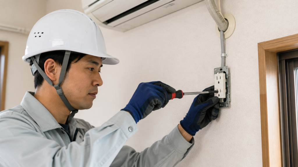 電気工事士の資格を持つ日本人技術者が、エアコン専用コンセントの増設工事を安全に行う様子。