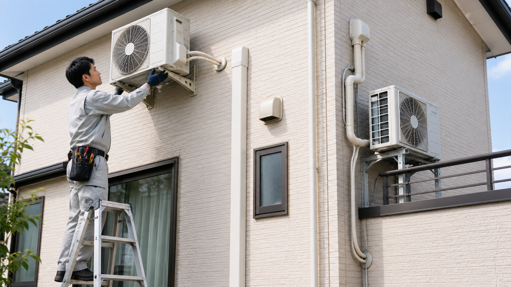 追加料金が発生しやすい、建物の外壁など特殊な場所へのエアコン室外機設置作業の様子