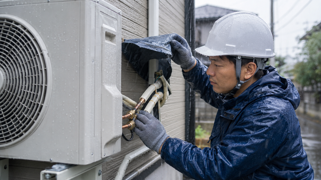 雨天のエアコン工事で冷媒配管や電気接続部への水分混入を防ぐため慎重に作業する日本人技術者