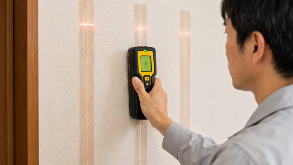 下地センサーを使って、石膏ボード壁の裏にある隠れた木下地の位置を探す日本人作業員の手元。