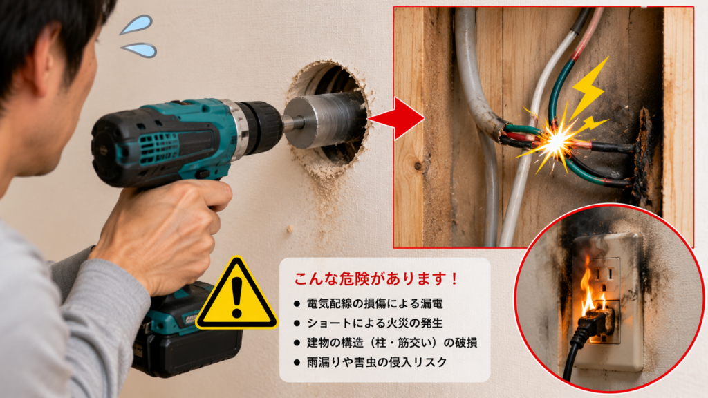 エアコンの穴あけをDIYで行い、壁内部の電気配線を誤ってドリルで傷つけてしまった失敗例。漏電や火災の危険性を視覚化。