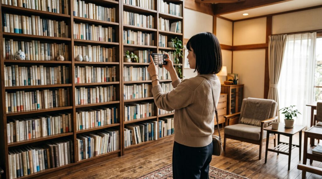 エアコン設置場所の下にある動かせない大型家具をスマートフォンで撮影し業者に事前相談する様子
