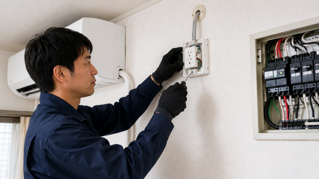 エアコン専用コンセントの電気工事を行う日本人の電気工事士