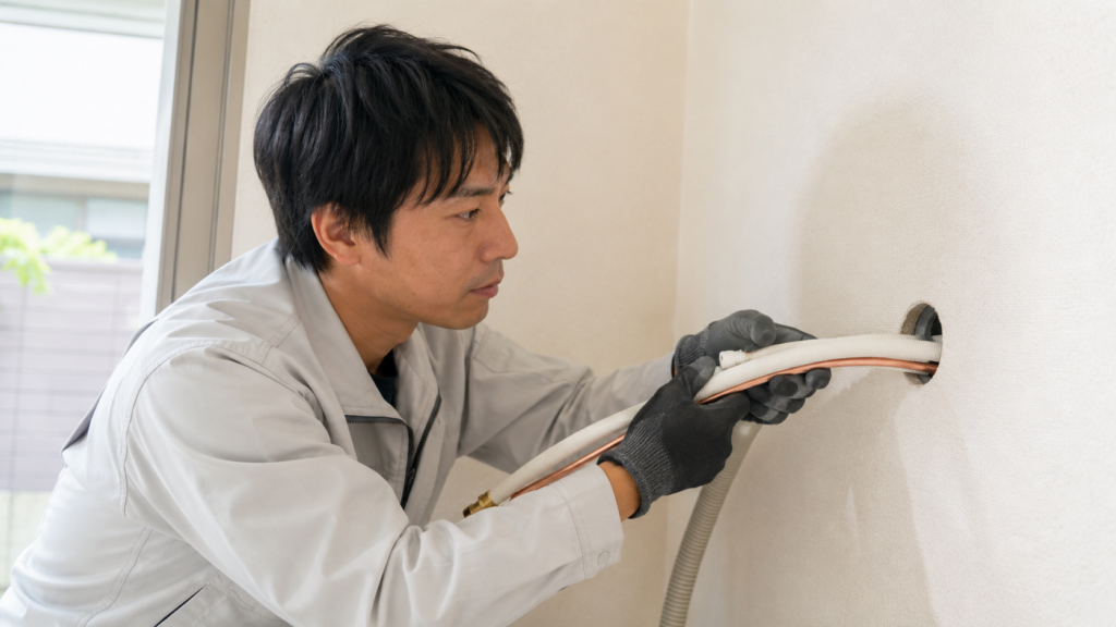 壁の穴にエアコンの銅管を慎重に通す、日本人技術者。隠蔽配管（難工事）の施工風景。