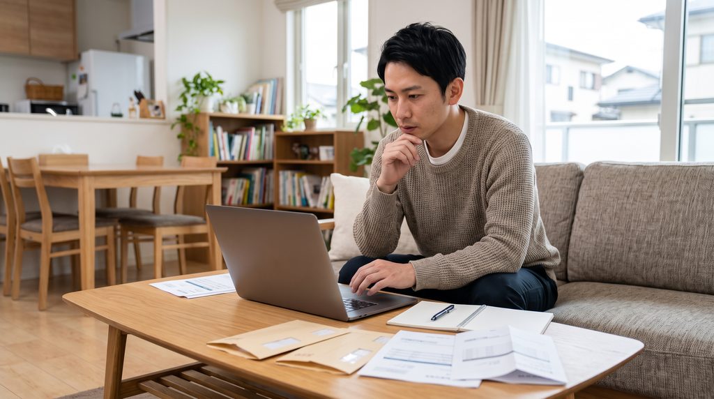 リビングでノートパソコンを開き複数業者のエアコン工事費用を相見積もりで比較検討する日本人男性