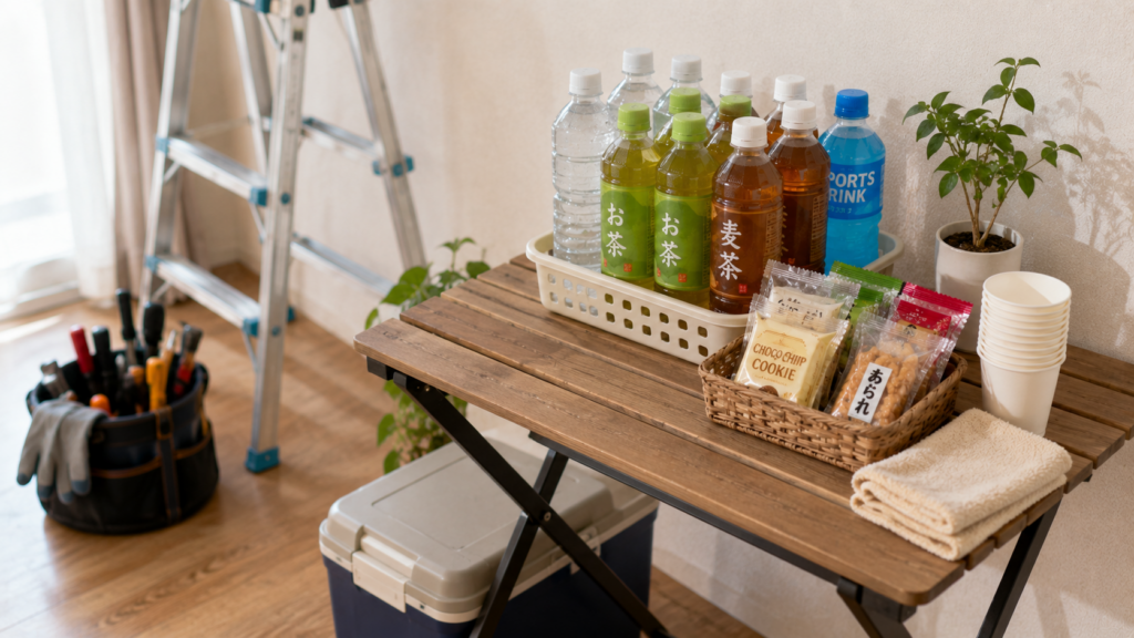 部屋の隅のテーブルに置かれた職人向けのペットボトル飲料とお菓子