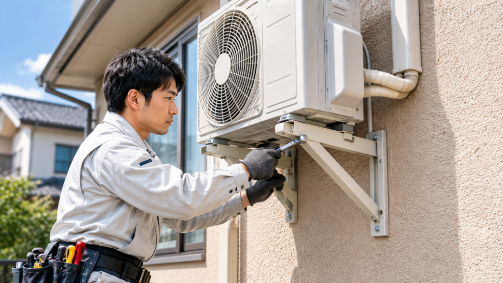 地面にスペースがない場合に、専用の金属金具を使用して住宅の外壁面に室外機を固定する壁面置き設置