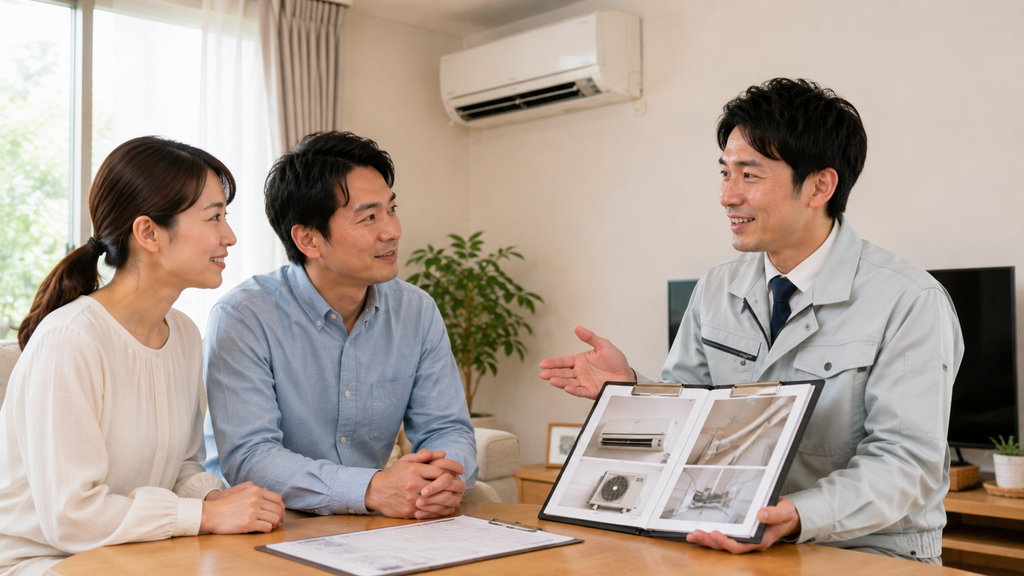 リビングで笑顔で丁寧に説明を行う日本人のエアコン工事業者と安心した表情で話を聞く夫婦