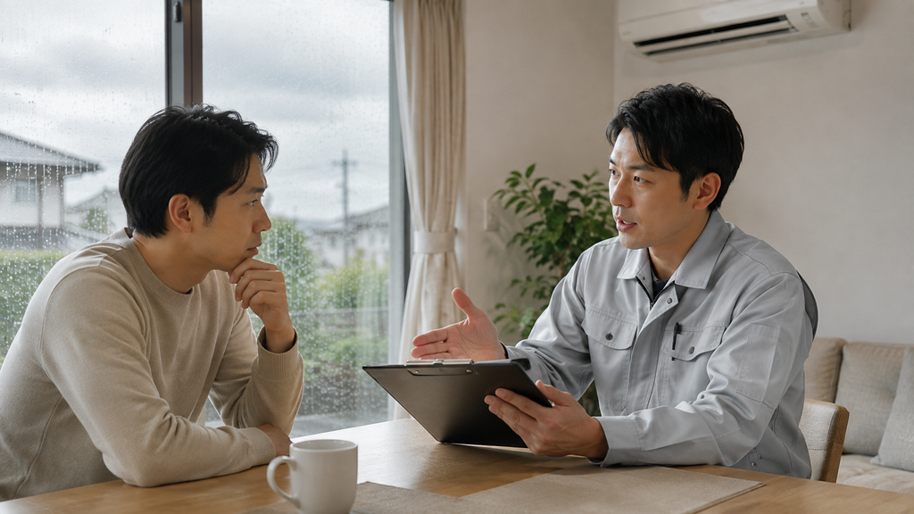 雨予報のエアコン工事について延期基準や当日の判断を相談する日本人の依頼主と工事業者