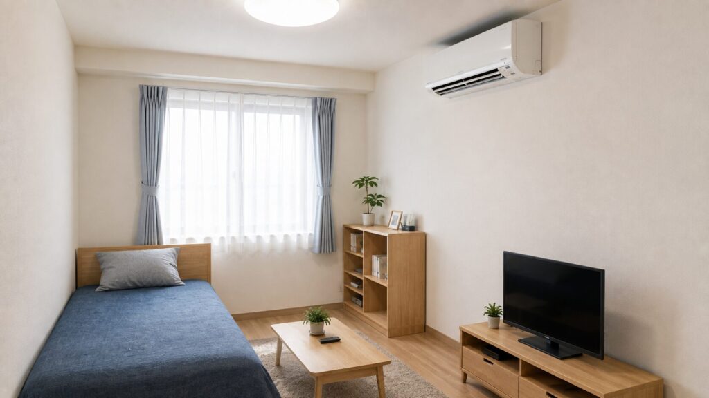 6畳の狭い部屋に不釣り合いなほど大きなエアコンが設置された室内