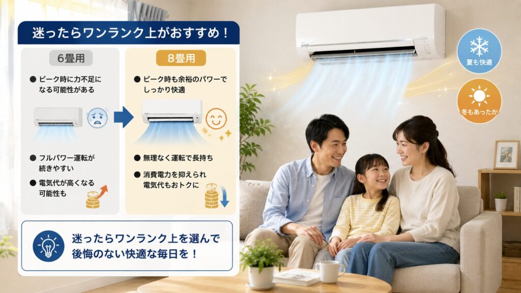 6畳用と8畳用を比較し、迷ったらワンランク上を選ぶメリットを示した図