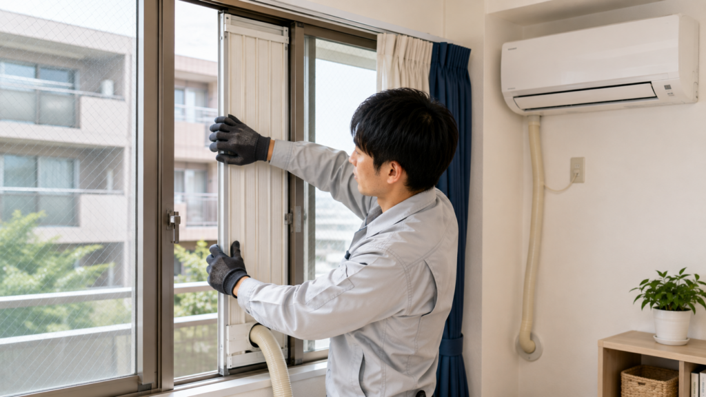 壁に穴を開けられない日本の住宅で、窓サッシにエアコン配管用の窓パネルを取り付ける専門業者のスタッフ。賃貸物件でも安心。