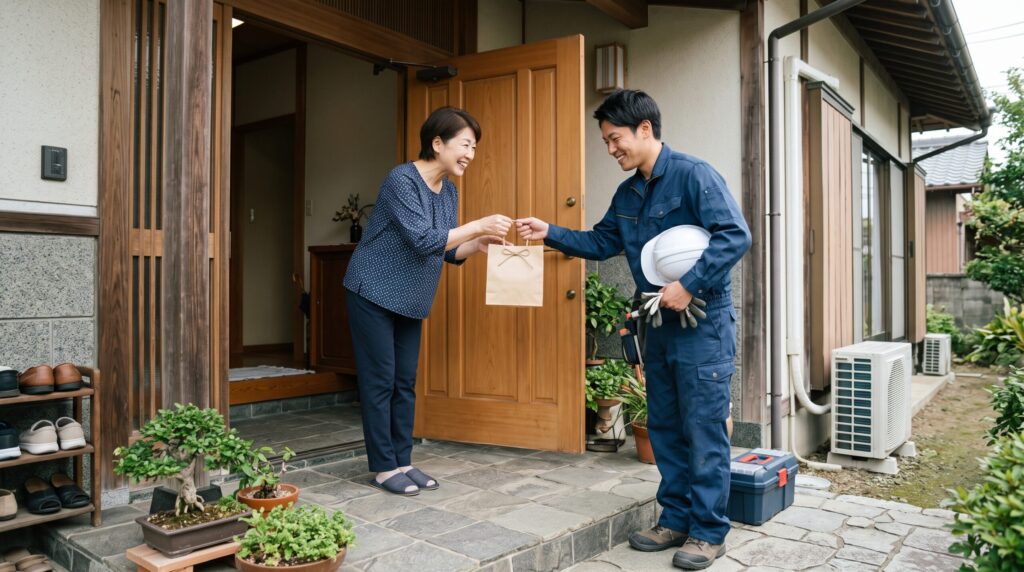 玄関先で工事を終えた職人に差し入れの手提げ袋を渡す依頼主