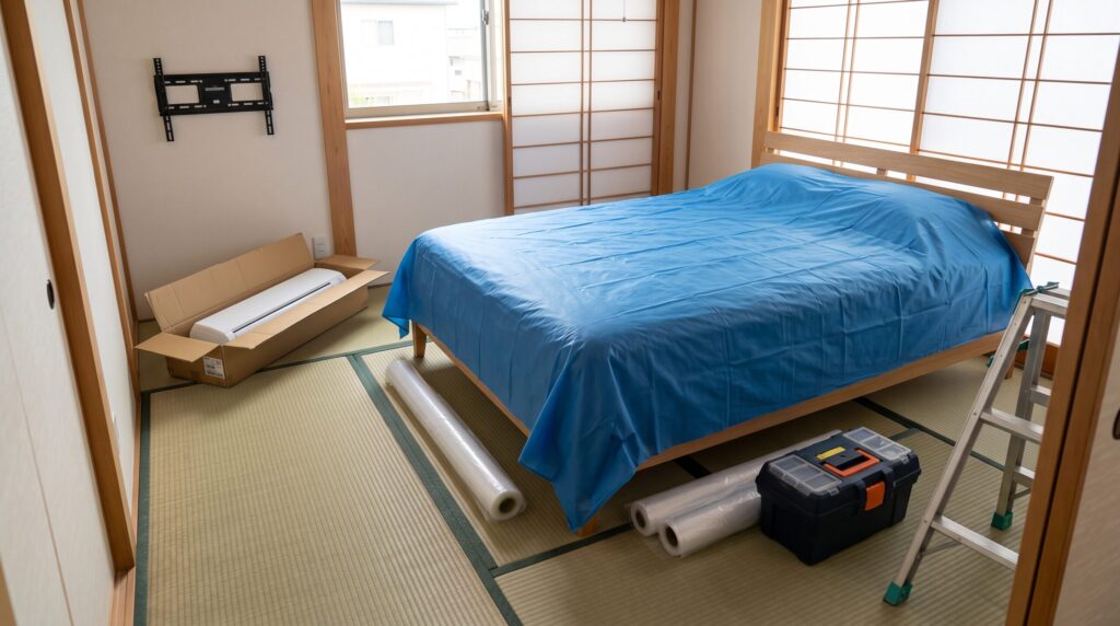 エアコン工事の汚れを防ぐためにシーツなどの布でしっかりと保護された寝室のベッド