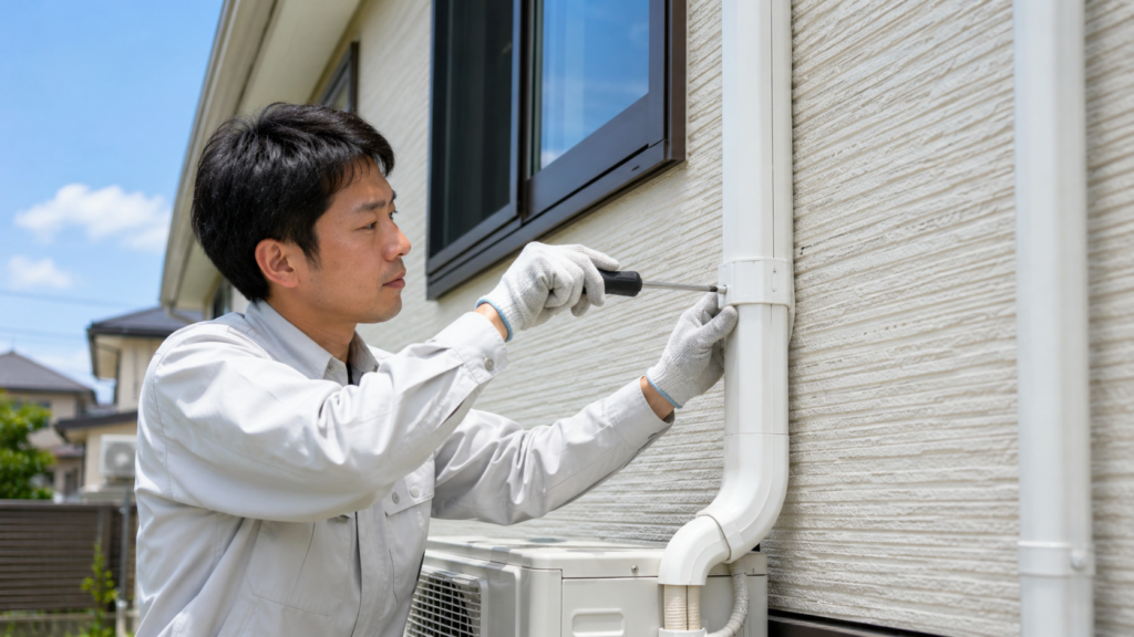 住宅の外壁に、エアコン配管の化粧カバーを取り付ける日本人技術者。追加工事の具体例。