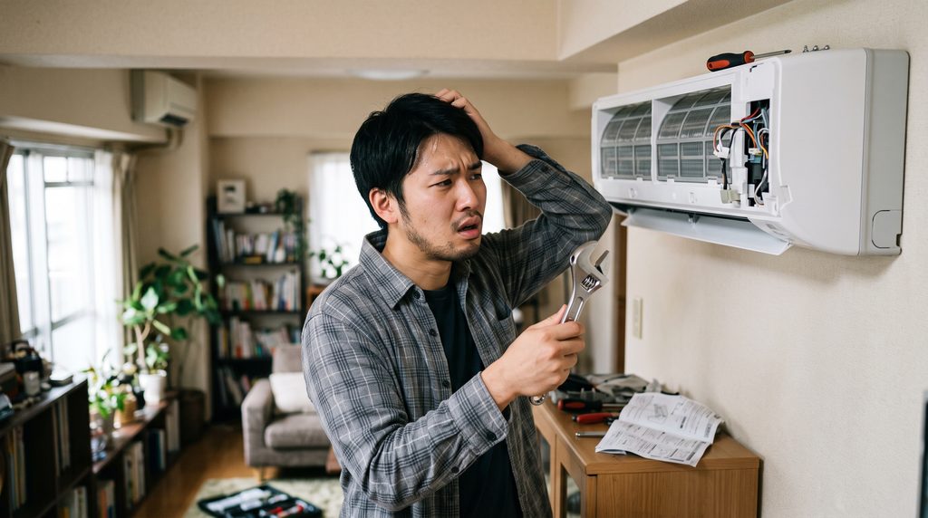 工具を手に持ちエアコンの前でどうしていいかわからず困惑している日本人の男性