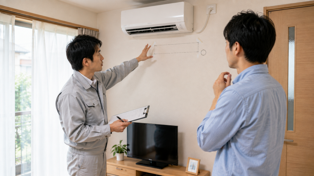リビングでエアコンの設置予定の壁を一緒に確認しながら、現地調査と工事内容の打ち合わせをするお客様と専門業者