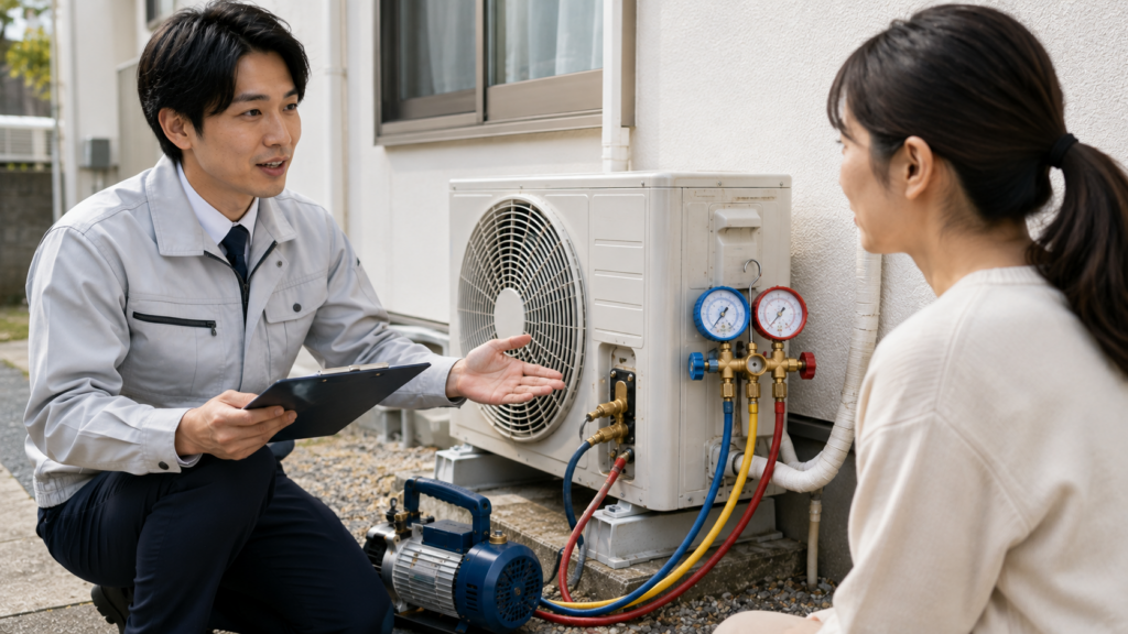 エアコン取り付け前に真空引きなどの工事内容を依頼主へ丁寧に説明する日本人の専門業者