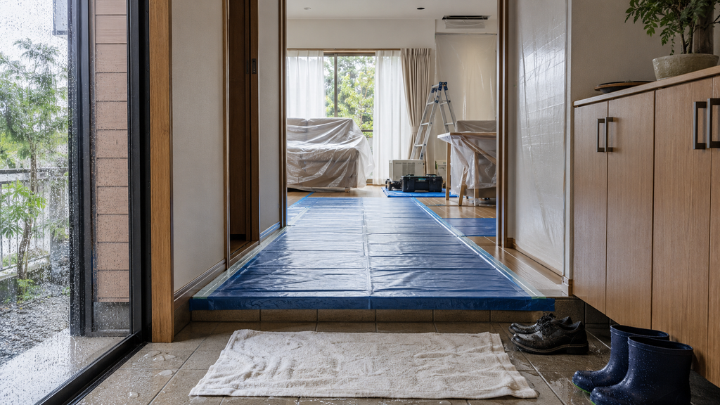 雨の日のエアコン工事に備えて玄関にタオルを敷き室内の床や家具を養生した作業準備