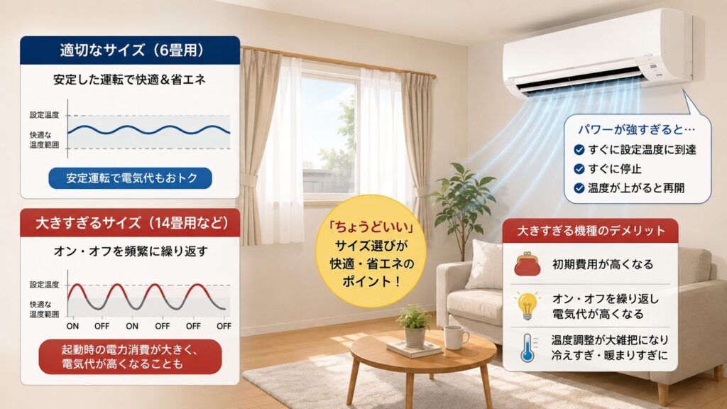 6畳用の適切なサイズと大きすぎるサイズの運転グラフ比較と、大きすぎる機種のデメリット