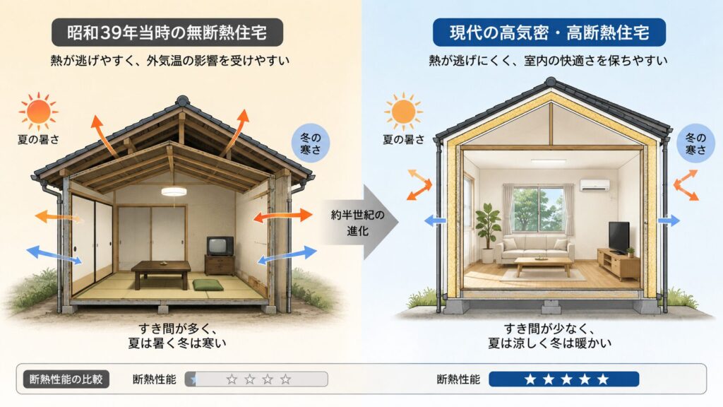 昭和39年当時の無断熱住宅と現代の高気密・高断熱住宅の断熱性能比較