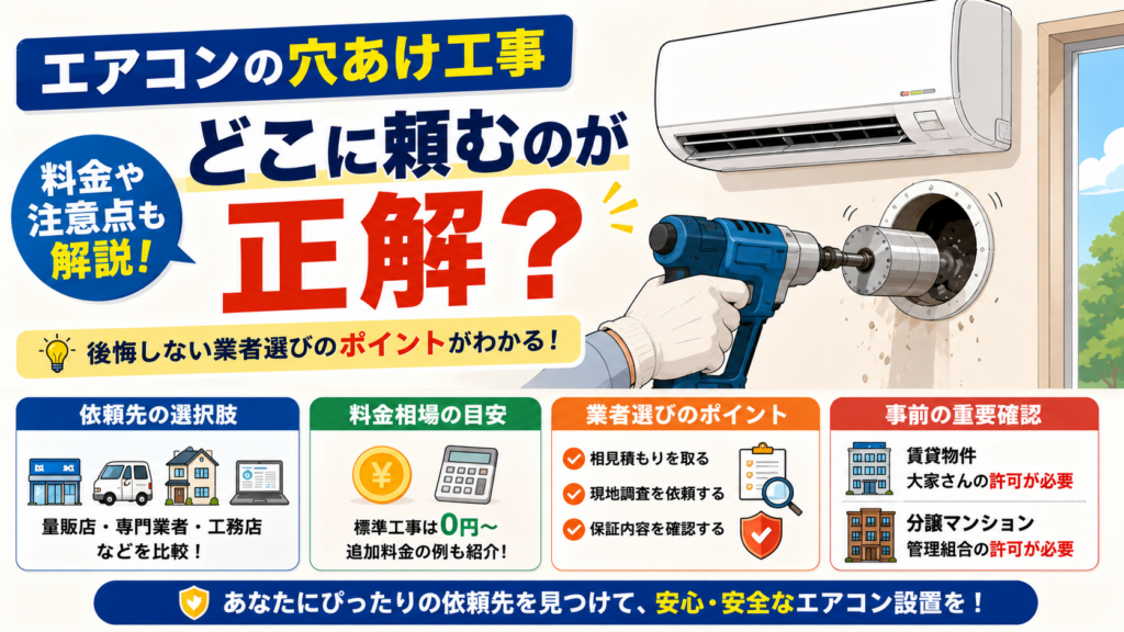 どこに頼む？エアコン穴あけ工事の追加料金を防ぐ業者の選び方