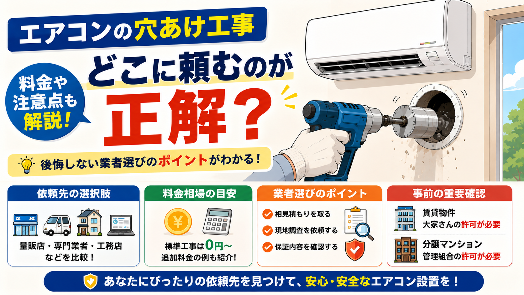 どこに頼む?エアコン穴あけ工事の追加料金を防ぐ業者の選び方
