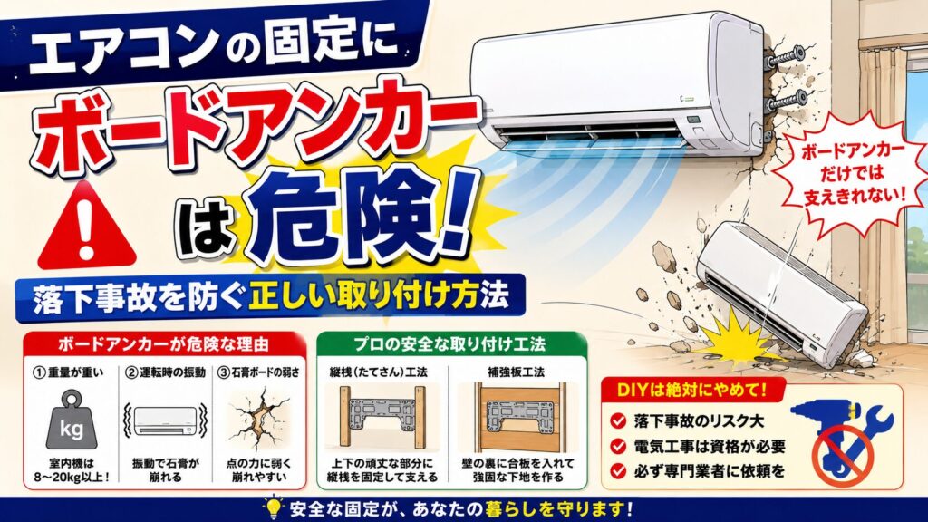 ボードアンカーでエアコン設置はダメ？下地がない壁の正しい付け方